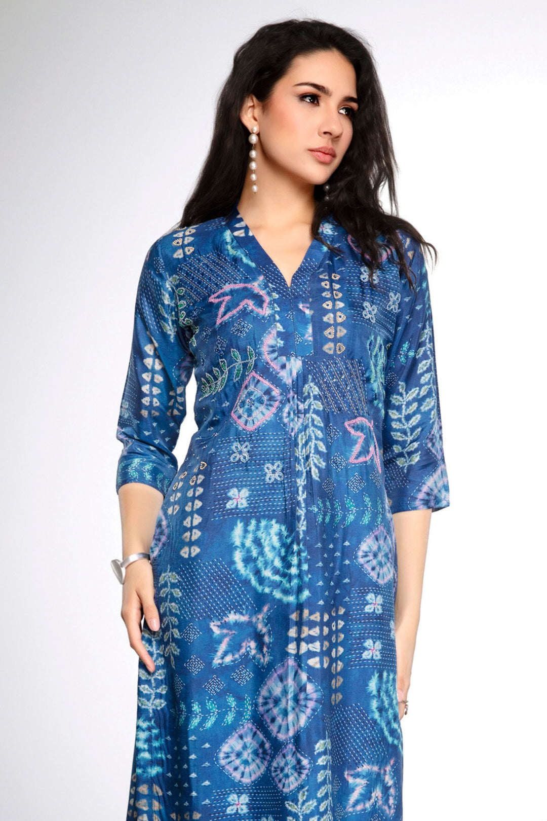 Blue with Digital Print, Beads and Sequins work Calf Length Kurti