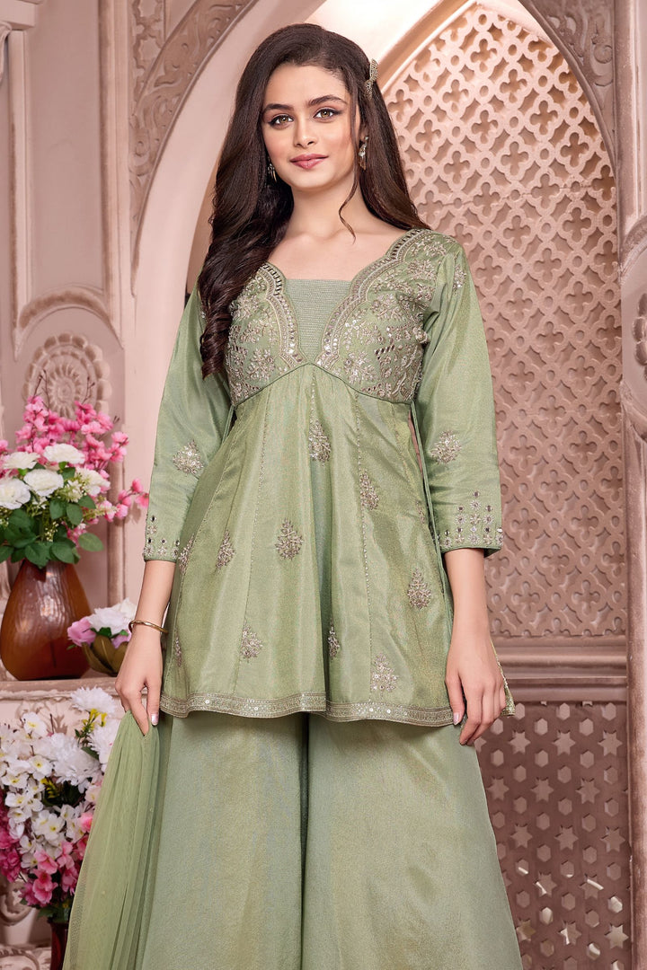 Pista Green Beads, Zari and Sequins work Palazzo Suit Set for Girls