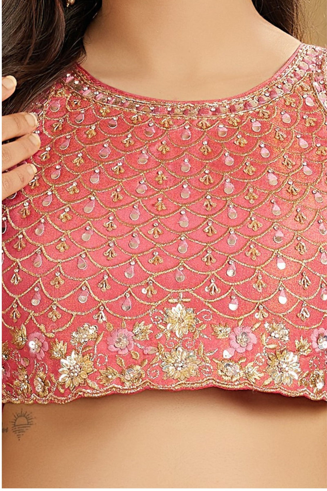 Peach Sequins, Thread, Zari, Beads and Stone work Lehenga Choli for Girls
