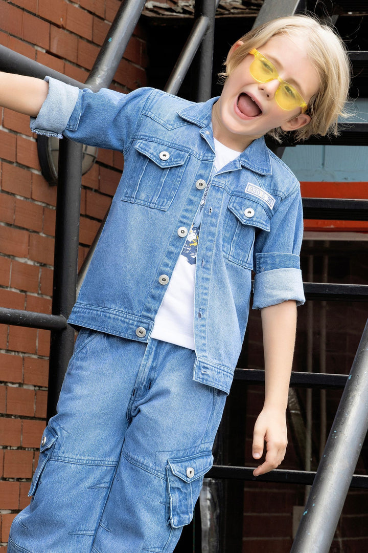 Light Blue with White Printed Blazer, T-Shirt and Pant Set for Boys with Belt