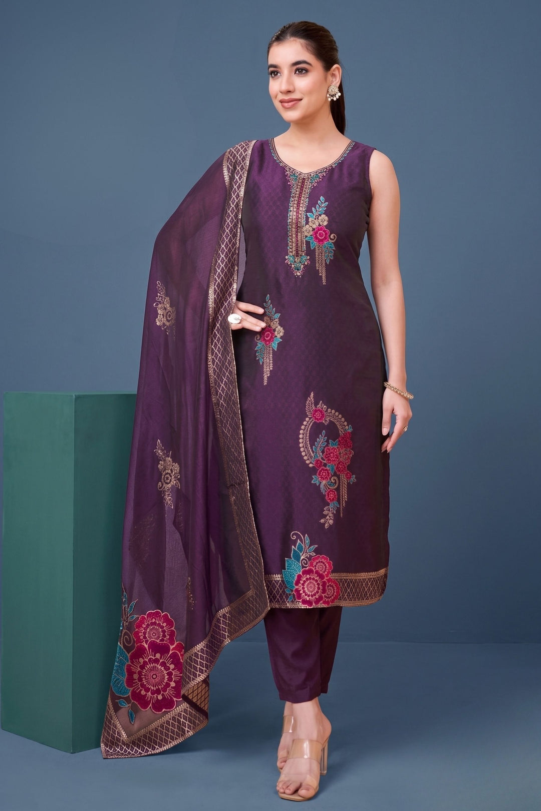 Purple Banaras, Beads, Stone, Thread, Mirror and Zardozi work Straight Cut Salwar Suit