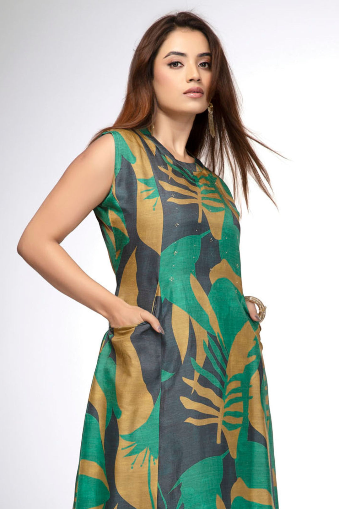 Green Stone work with Abstract Print A-Line Cut Calf Length Kurti