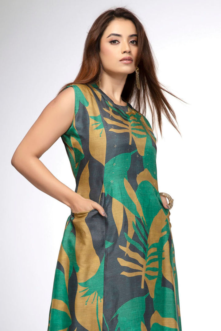 Green Stone work with Abstract Print A-Line Cut Calf Length Kurti