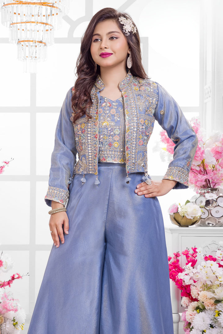 Greyish Blue Zari and Multicolor Thread work Jacket Style Palazzo Suit Set for Girls