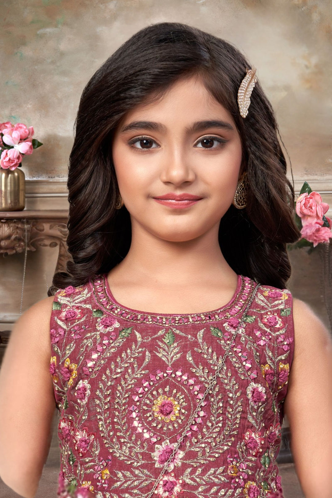Magenta Zari, Multicolor Embroidery and Beads work Choli and Palazzo Set for Girls