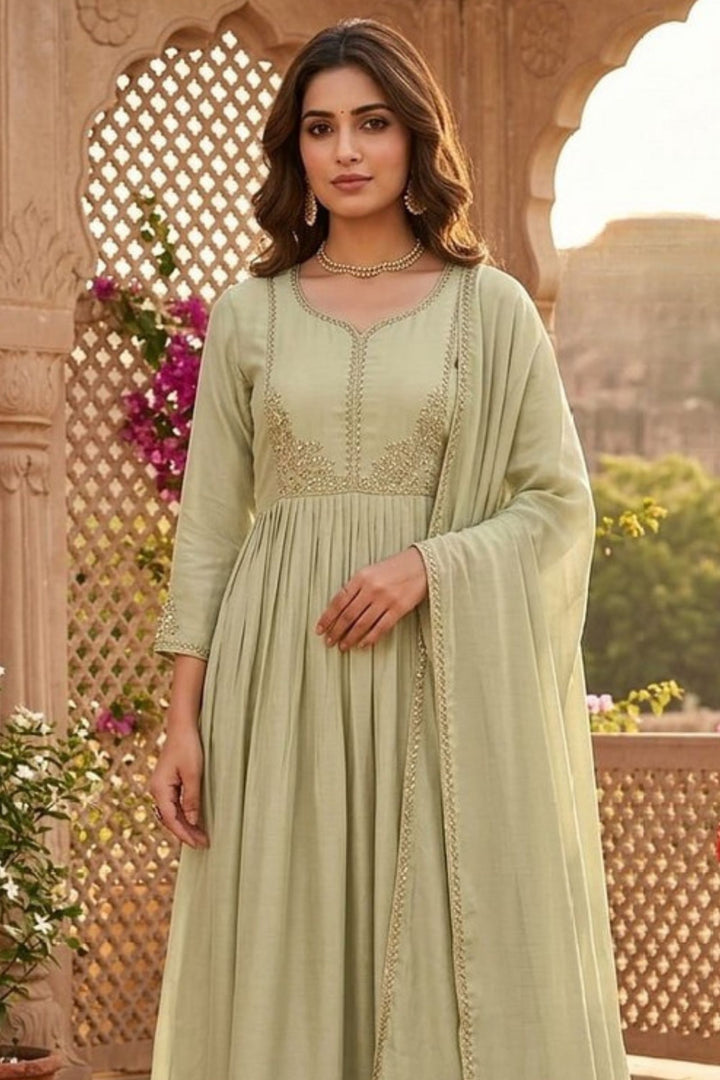 Pista Green Beads and Sequins work Anarkali Style Salwar