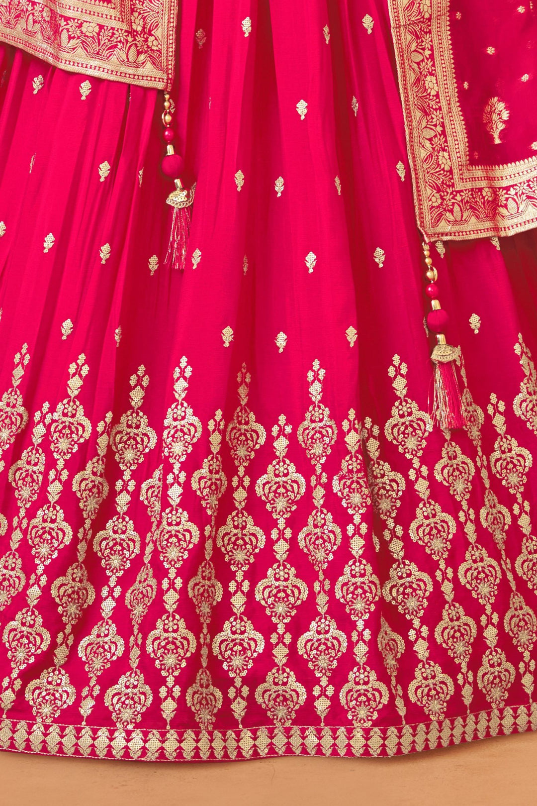 Rani Pink Stone, Zari, Sequins and Beads work Crop Top Lehenga