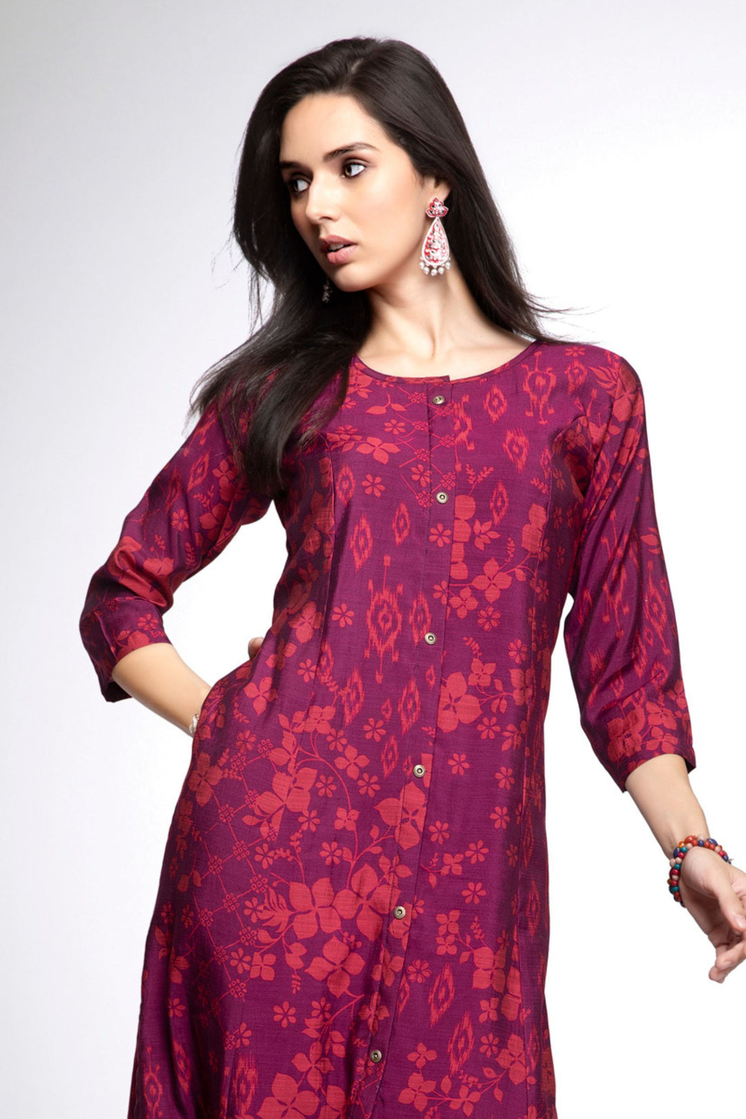 Magenta Digital Print Aline Cut Calf Length Kurti