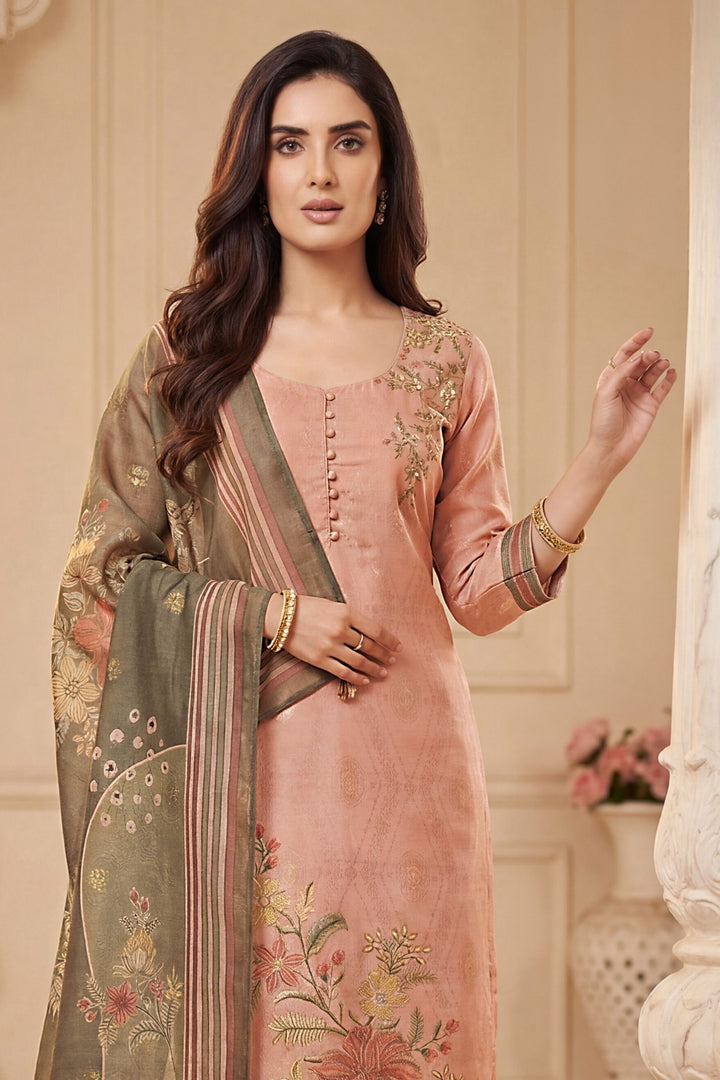 Onion Pink Beads, Zardozi, Zari and Sequins work with Digital Print Straight Cut Salwar Suit