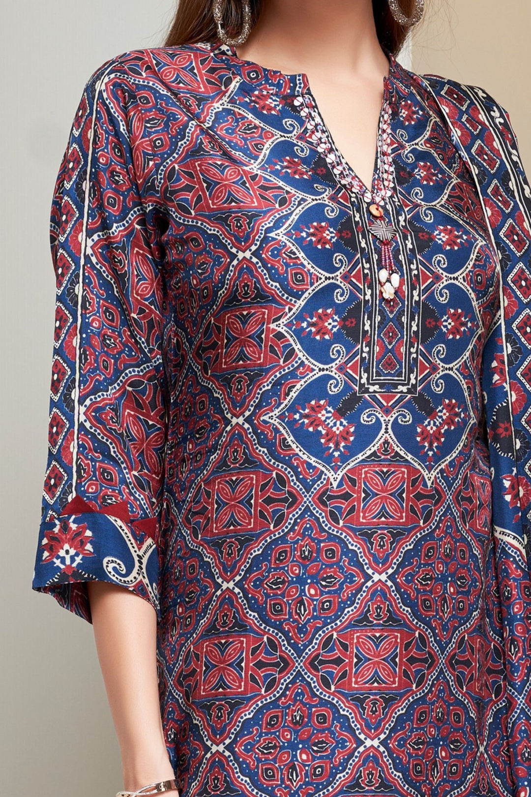 Navy Blue with Maroon Ajrakh Print, Sequins and Beads work Palazzo Salwar Suit