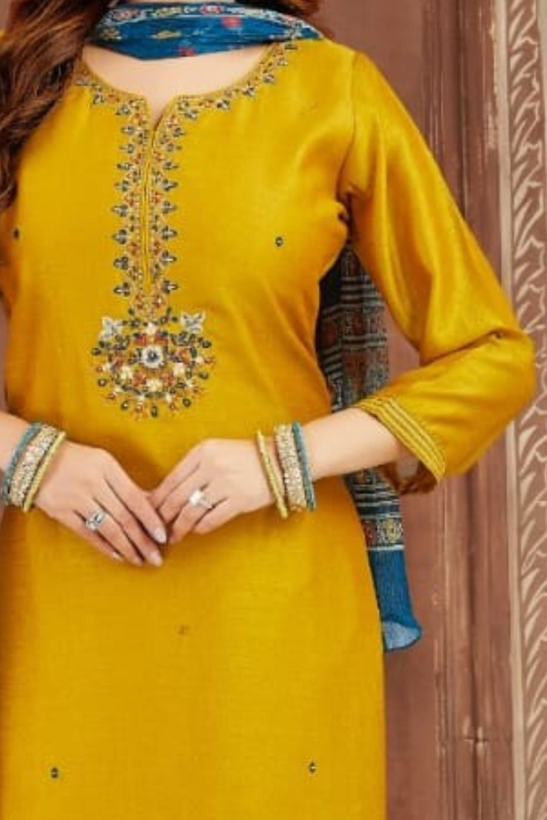 Olive Green Mirror, Zari and Thread work Straight Cut Salwar Suit