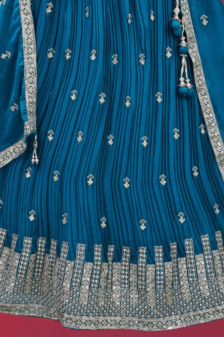 Rama Blue Sequins and Zari work Crop Top Lehenga