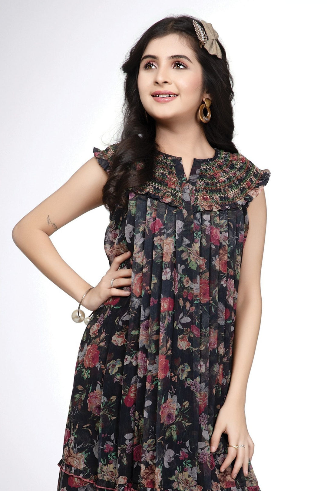 Girls Floral Print Casual Frock with Smocked Yoke