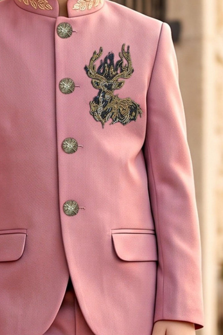 Onion Pink Deer Stone Motif Jodhpuri Suit for Boys