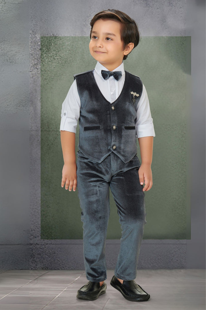 Grey with White Waist Coat, Shirt and Suspender Style Pant Set for Boys