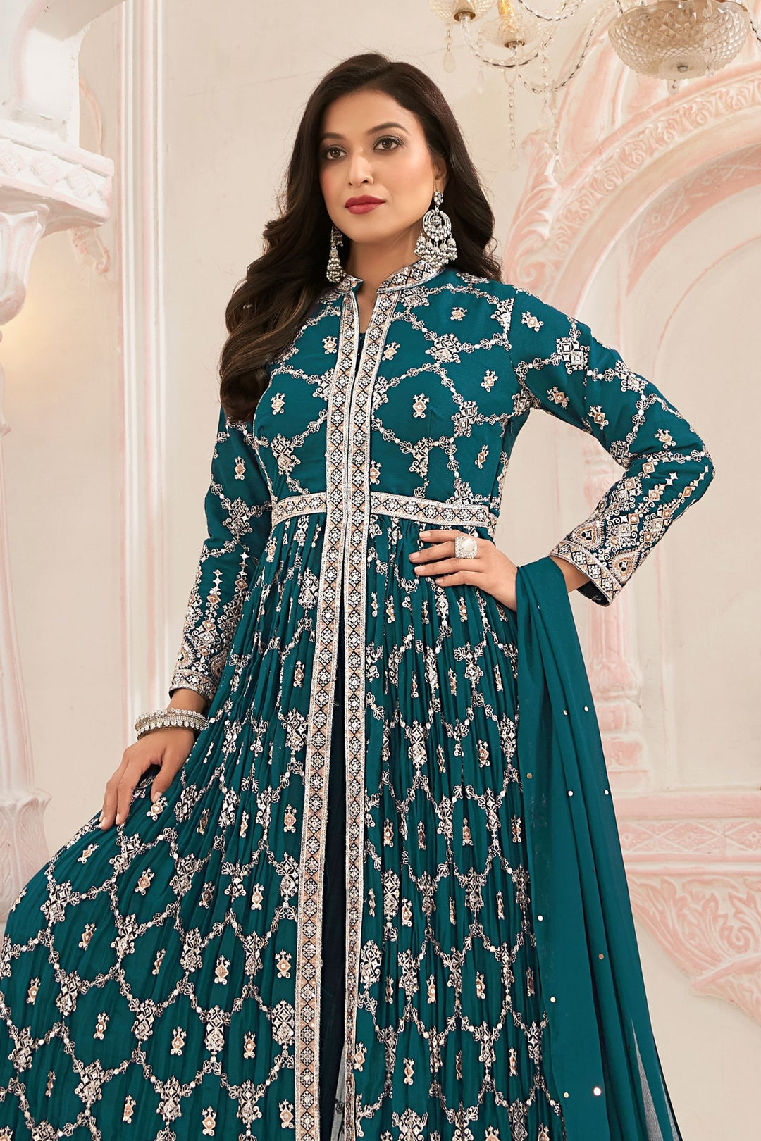 Peacock Blue Sequins and Zari work Mastani Styled Palazzo Suit