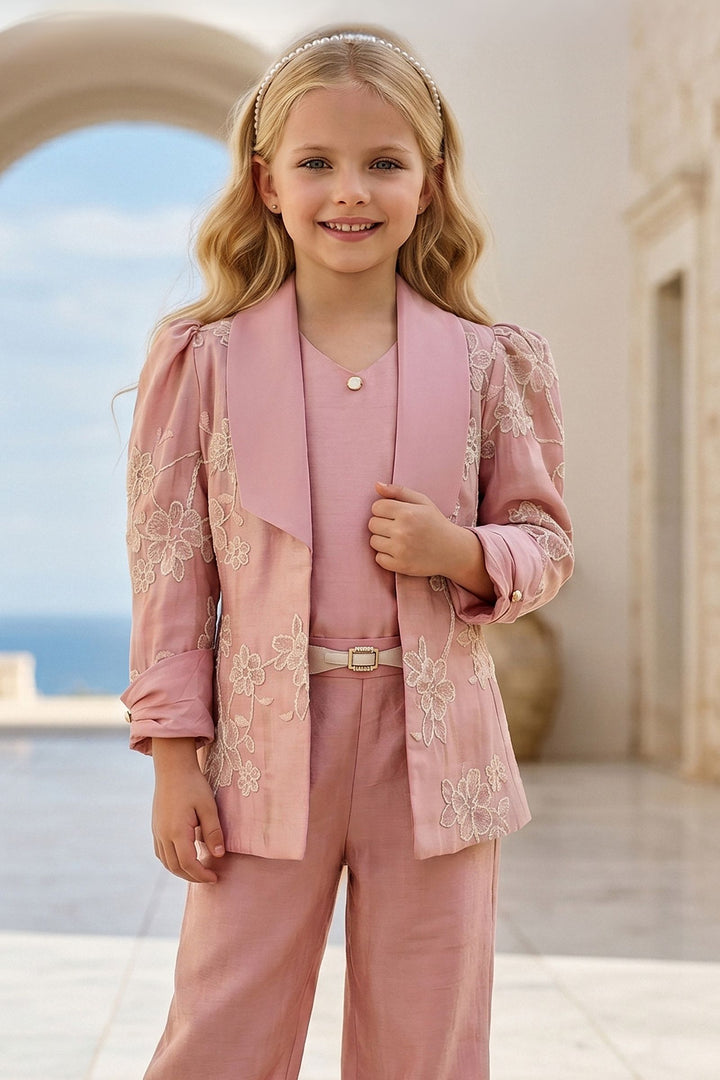 Dusty Pink Zari and Thread work Jacket Styled Palazzo Set for Girls