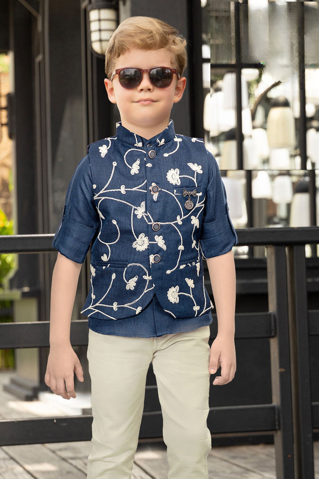 Teal Blue Thread work Waist Coat and Beige Pant Set for Boys with Belt