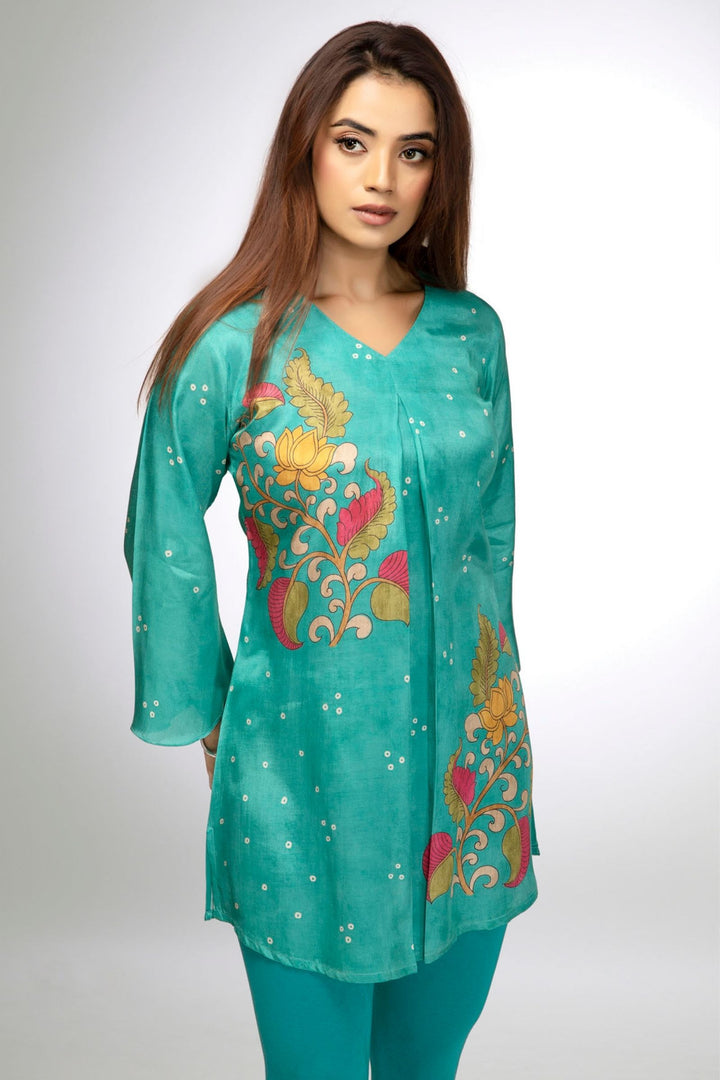 Rama Blue Floral Print Short Kurti