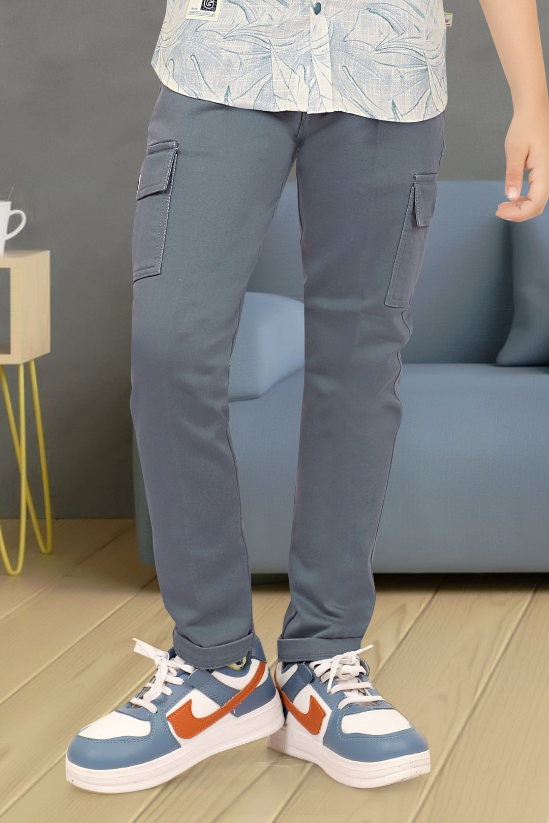 White with Grey Printed Shirt and Pant Set for Boys