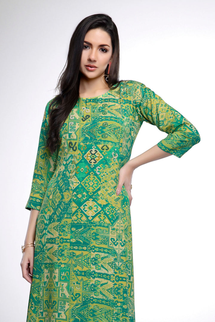 Green Sequins and Beads work with Digital Print Calf Length Kurti