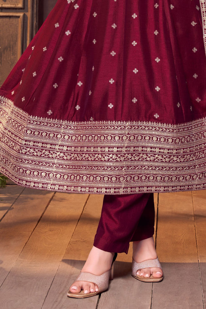 Wine Sequins, Zari and Stone work Anarkali Style Salwar
