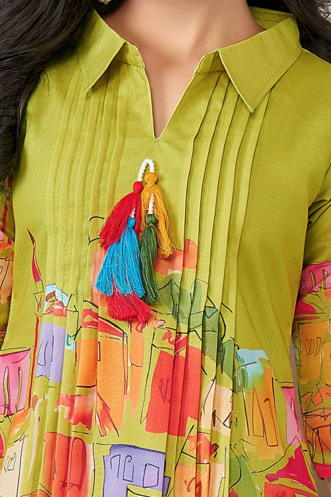 Parrot Green Multicolor Digital Print Co-ord Set for Girls