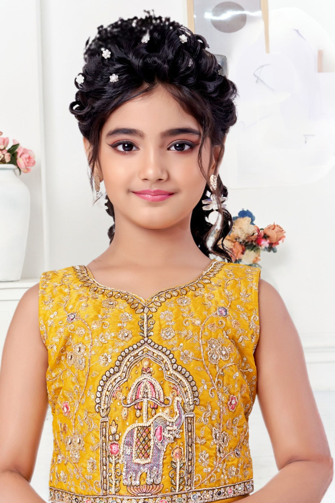 Yellow Beads, Sequins, Zari and Embroidery work Lehenga Choli for Girls