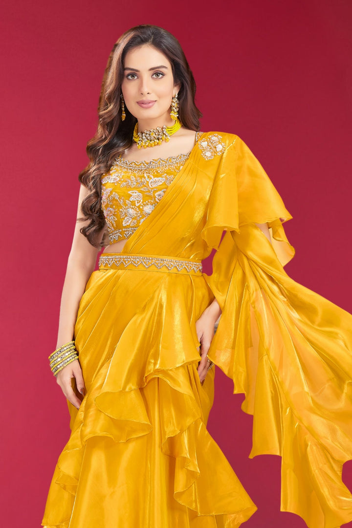 Yellow Ruffle Readymade Fancy Saree with Readymade Blouse with Belt