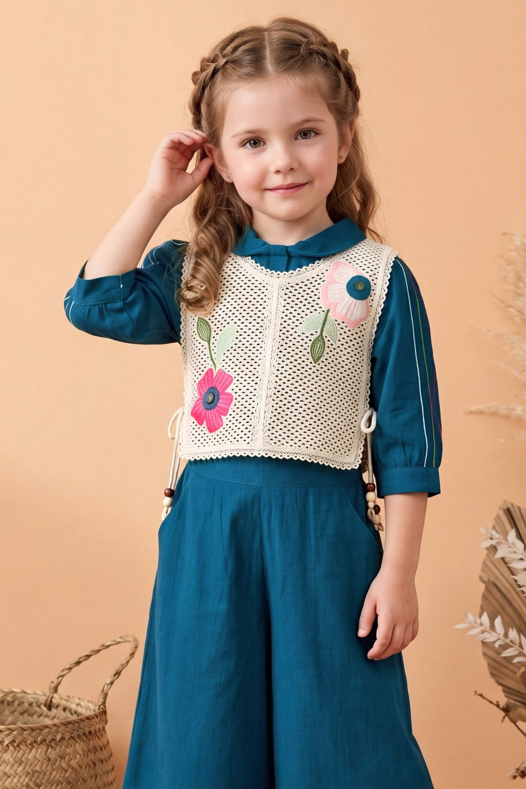 Teal Blue with Cream Jacket Styled Palazzo Set for Girls