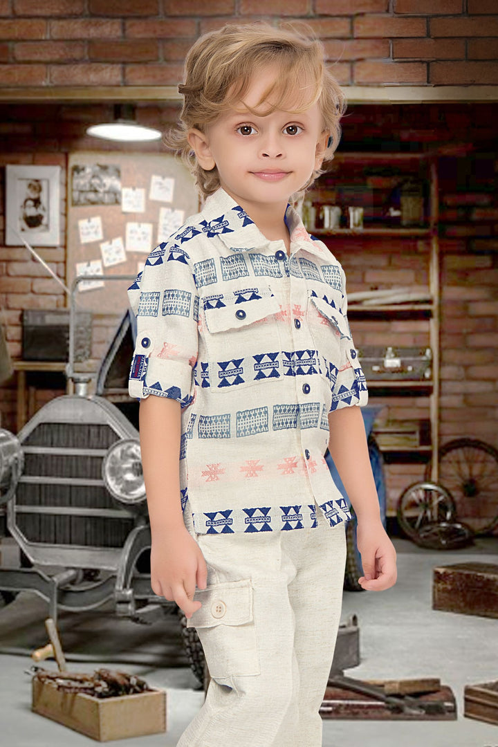 Half White Thread work Shirt and Pant Set for Boys