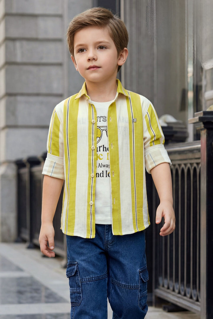 Cream with Lemon Yellow Print Blazer, T-Shirt and Blue Pant Set for Boys
