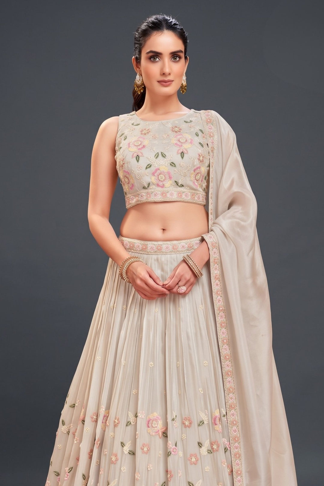 Cream Multicolor Embroidery, Sequins and Beads work Lehenga Set