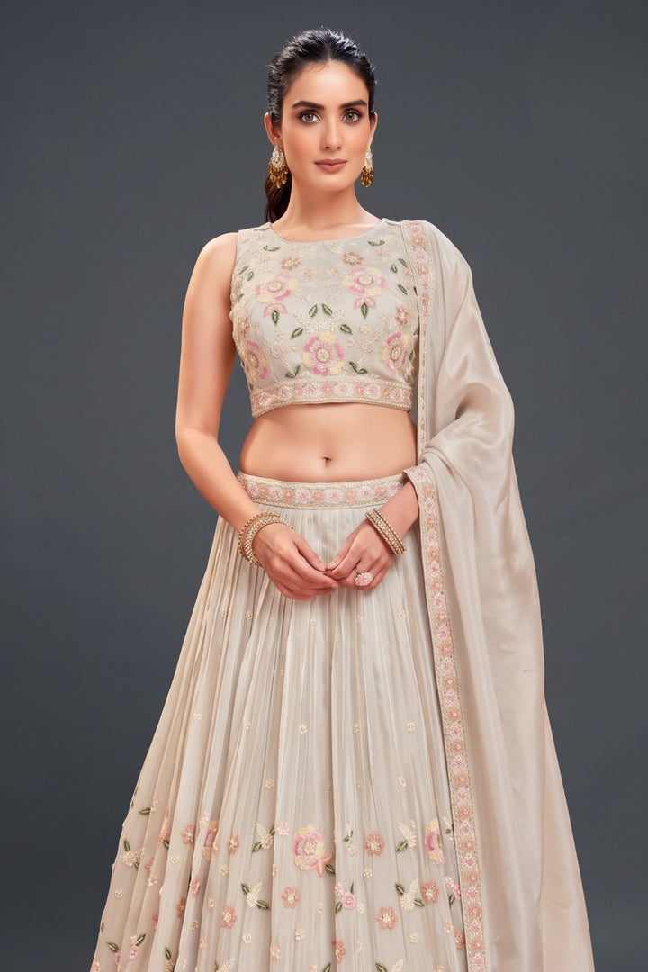 Cream Multicolor Embroidery, Sequins and Beads work Lehenga Set