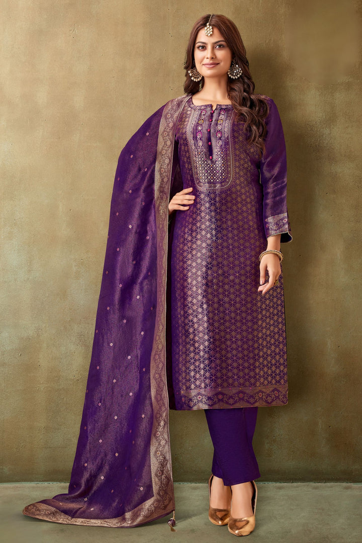 Purple Stone, Mirror, Zardozi, Thread and Brocade work Straight Cut Salwar Suit