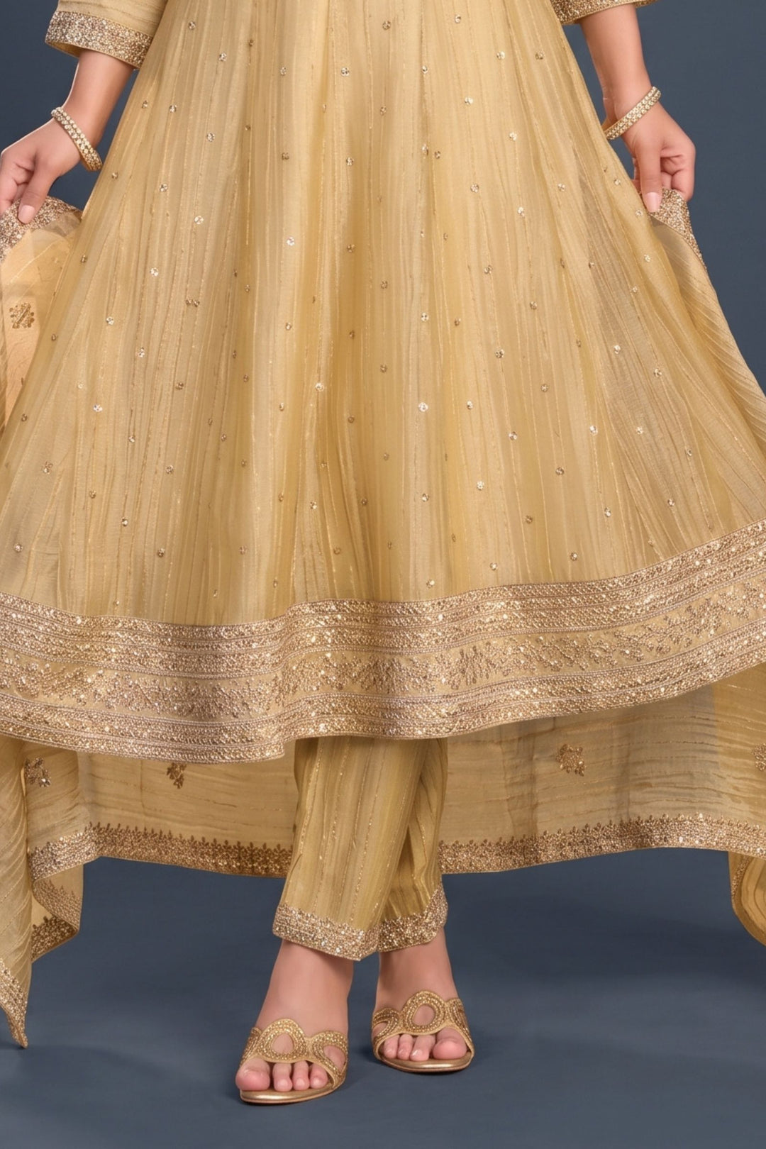 Fawn Zari Thread, Sequins and Beads work Anarkali Style Salwar
