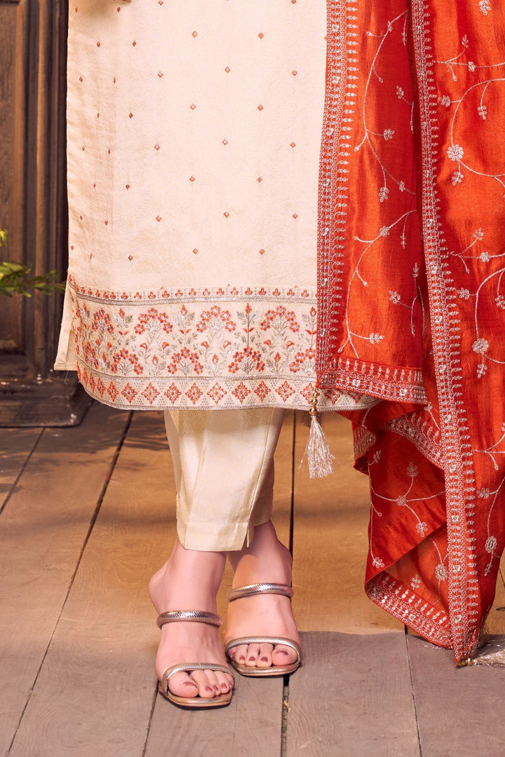 Cream Zardozi, Mirror, Beads, Sequins and Thread work Straight Cut Salwar Suit