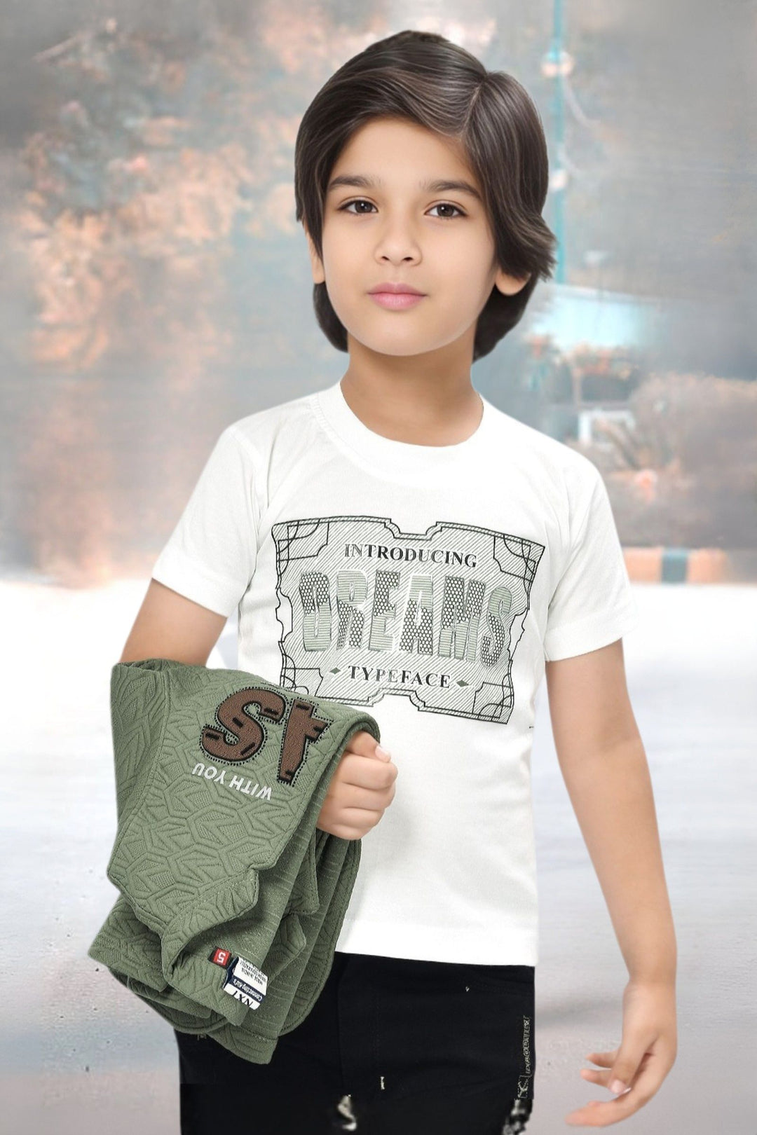 Green with White Printed Blazer, T-Shirt and Black Pant Set for Boys with Belt