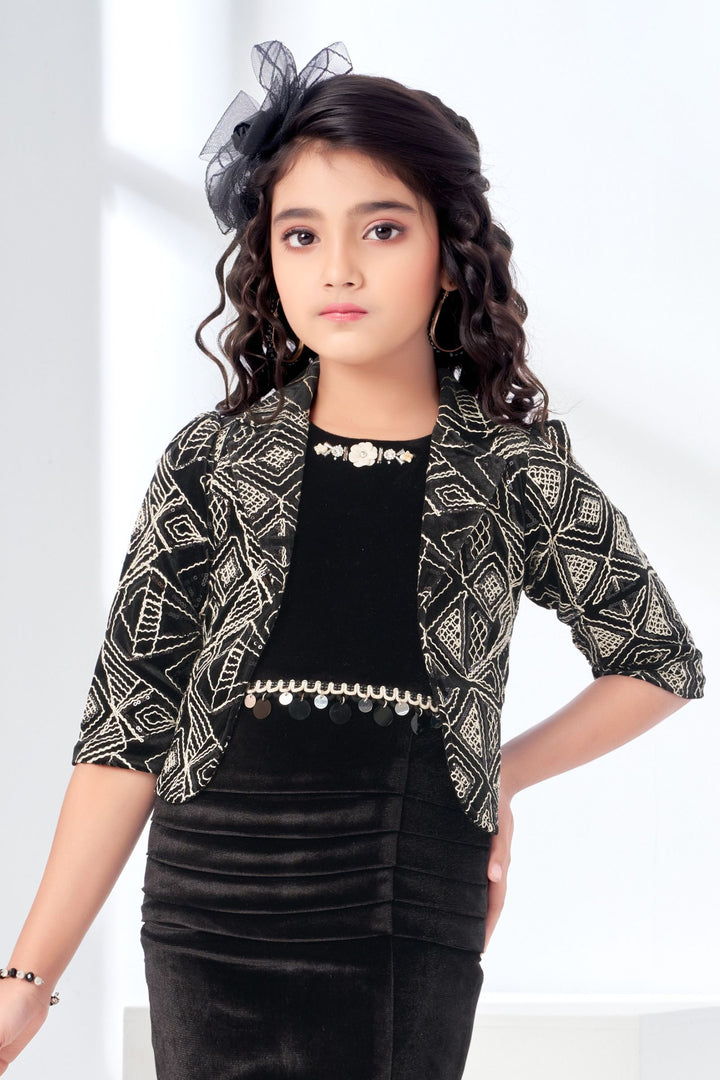 Black Sequins and Thread work Jacket Styled Short Frock For Girls