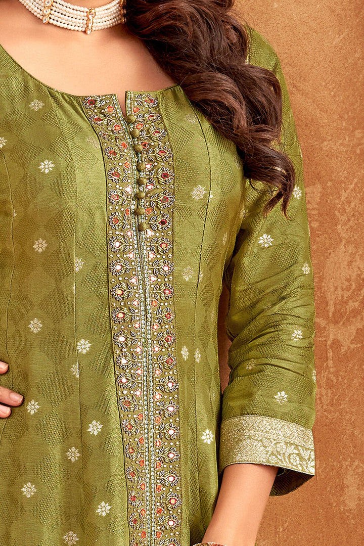 Pista Green Banaras, Zardozi, Stone and Beads work Salwar Suit with Straight Pants