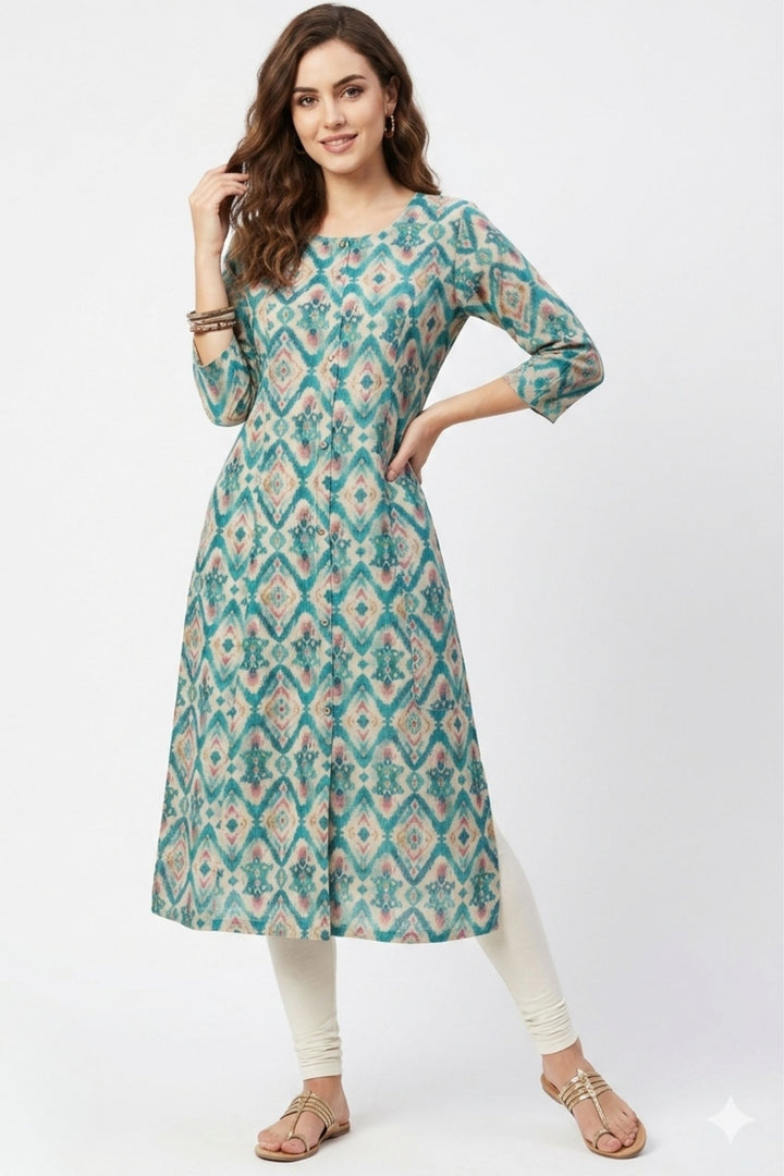 Beige with Blue Digital Print A-Line Cut Calf Length Kurti