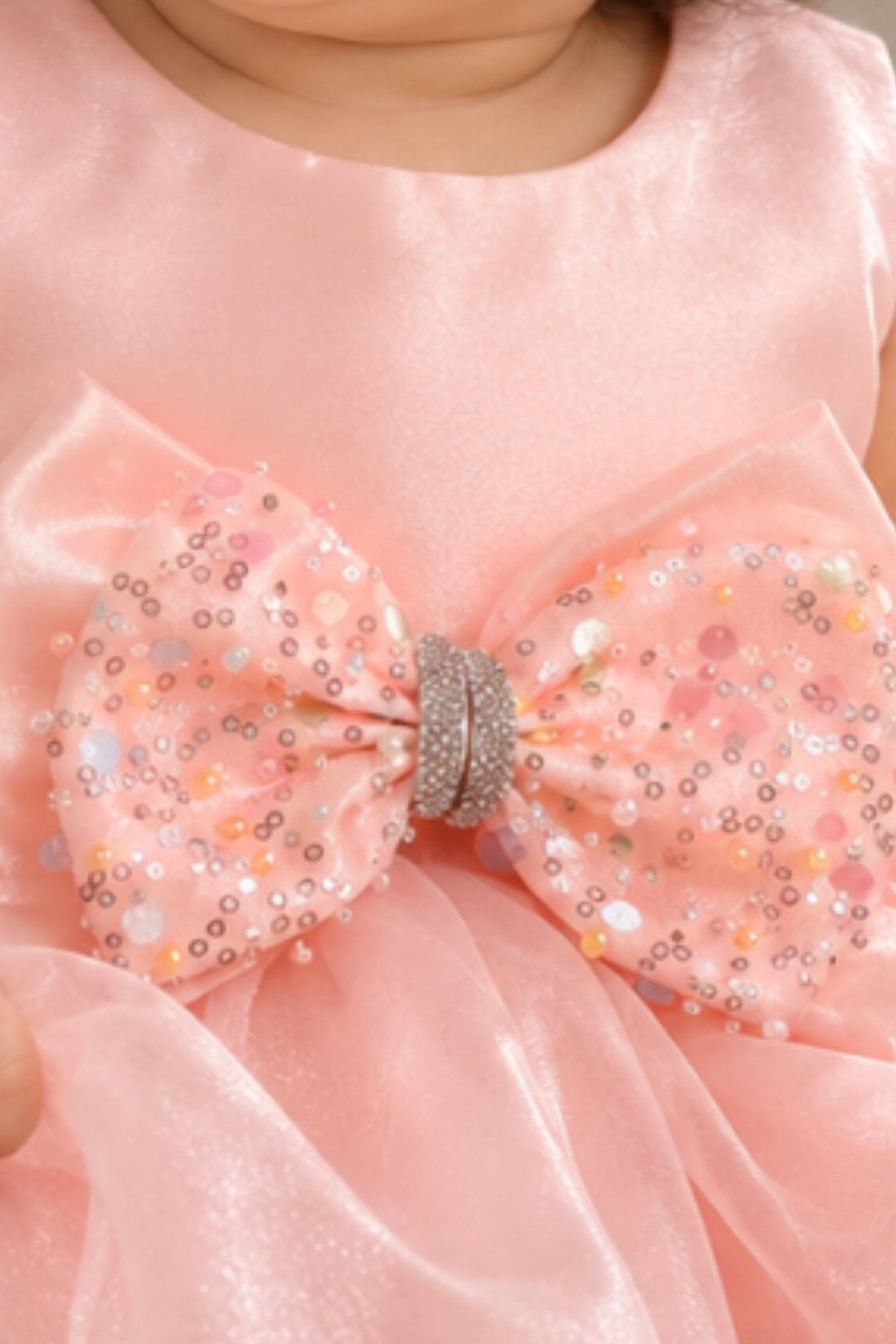 Peach Sequined Bow Partywear Short Frock for Girls
