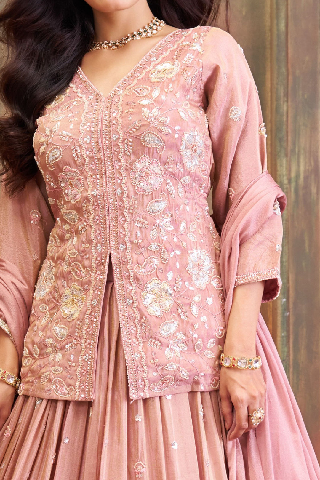 Peach Beads, Pearl, Multicolor Thread and Sequins work Peplum Style Lehenga