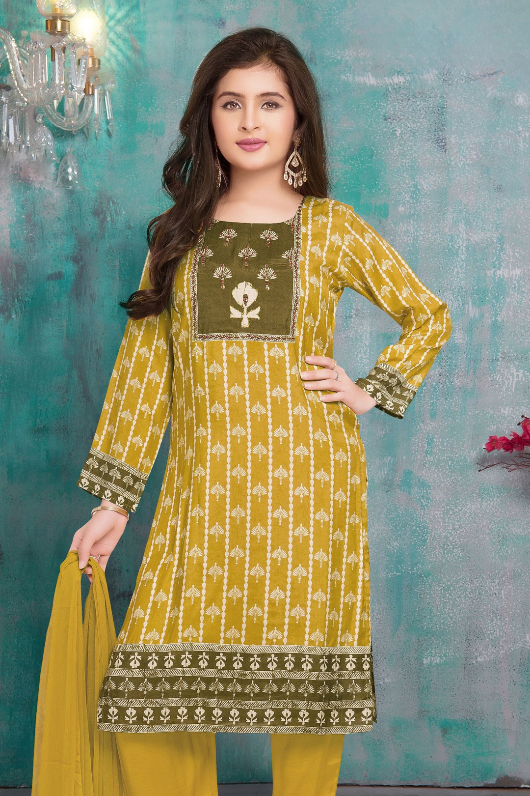 Mustard with Printed Straight Cut Salwar Suit for Girls