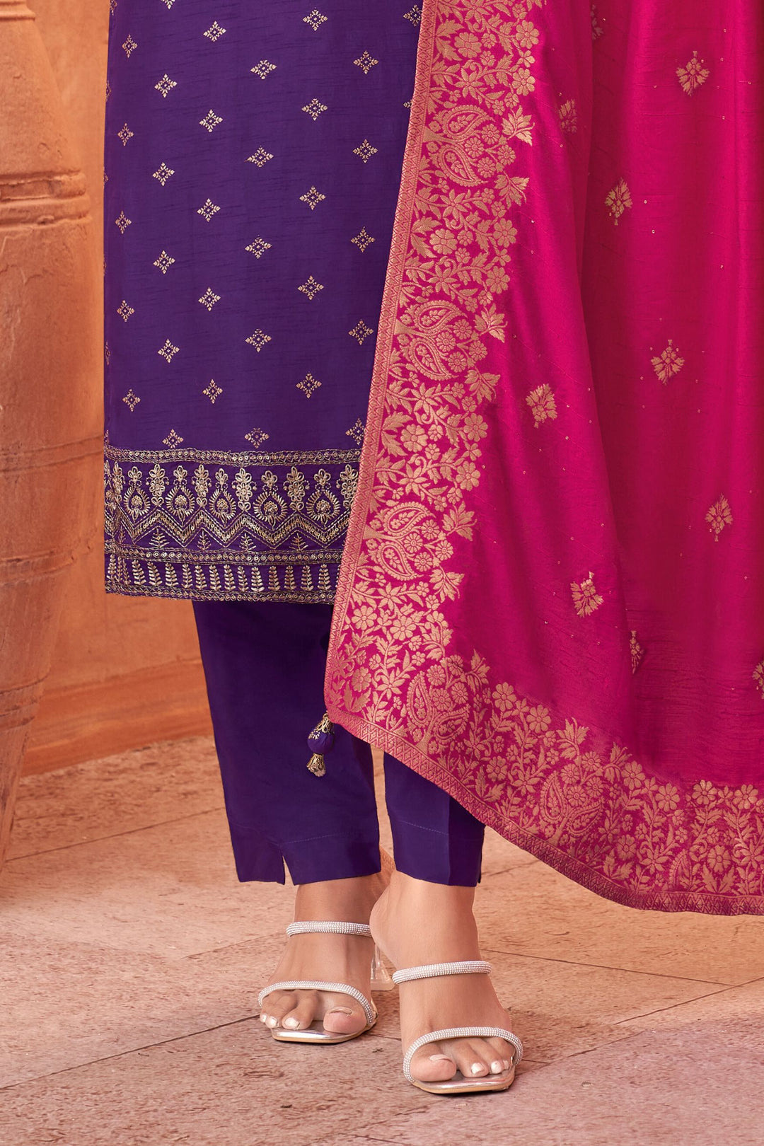 Violet Zari, Banaras, Sequins, Stone and Thread work Straight Cut Salwar Suit