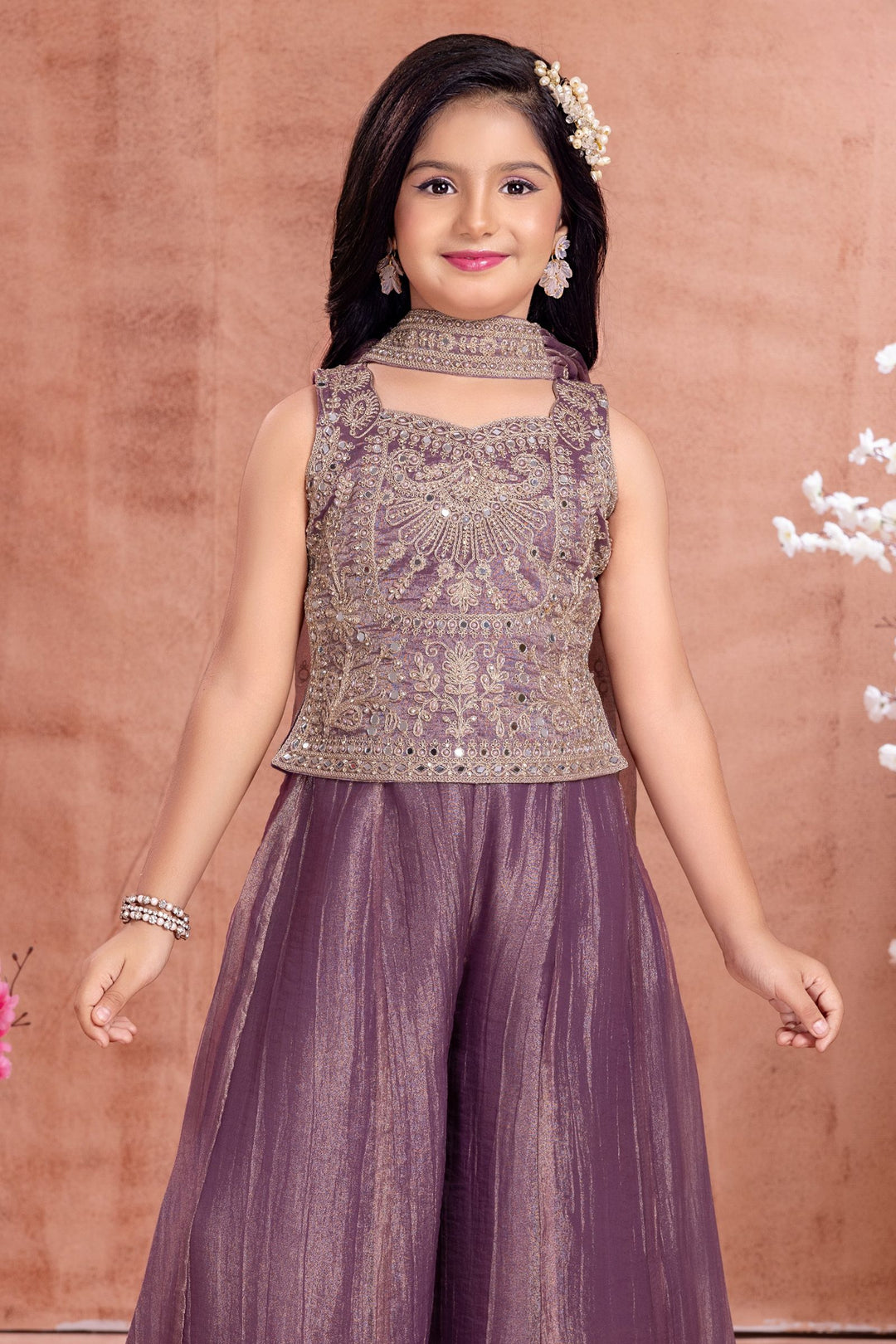 Lilac Zari Thread, Mirror and Stone work Palazzo Suit Set for Girls