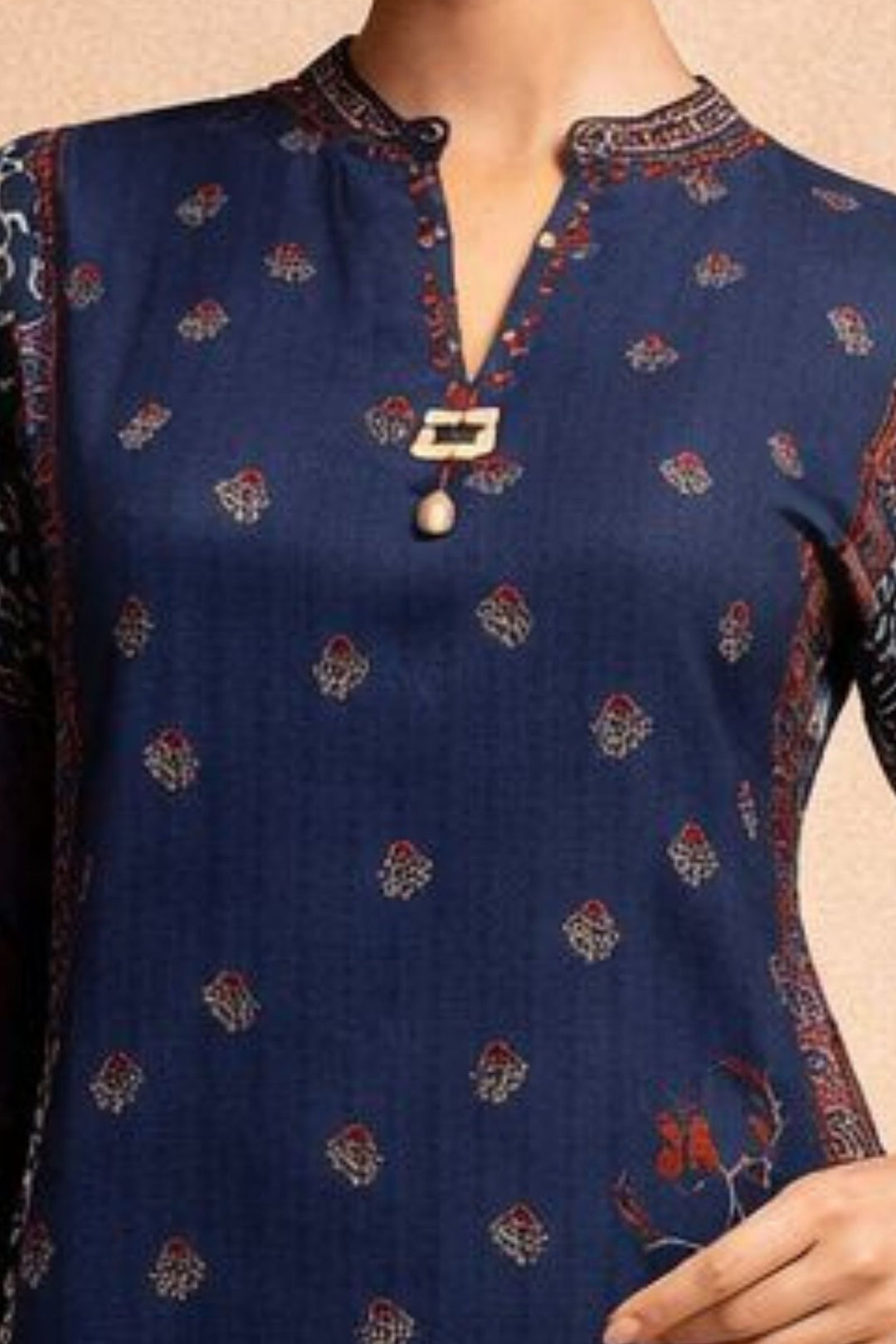 Navy Blue Beads work with Ajrakh Print Calf Length Kurti