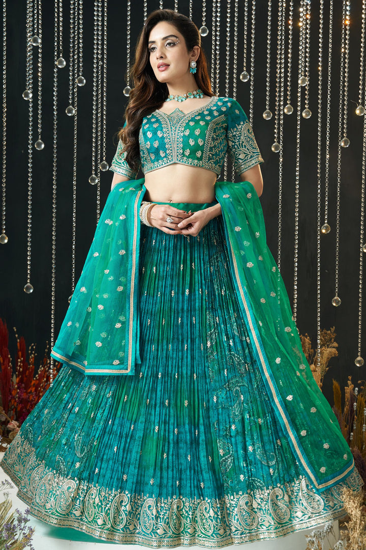 Peacock Blue with Green Sequins and Zari work with Digital Print Crop Top Lehenga