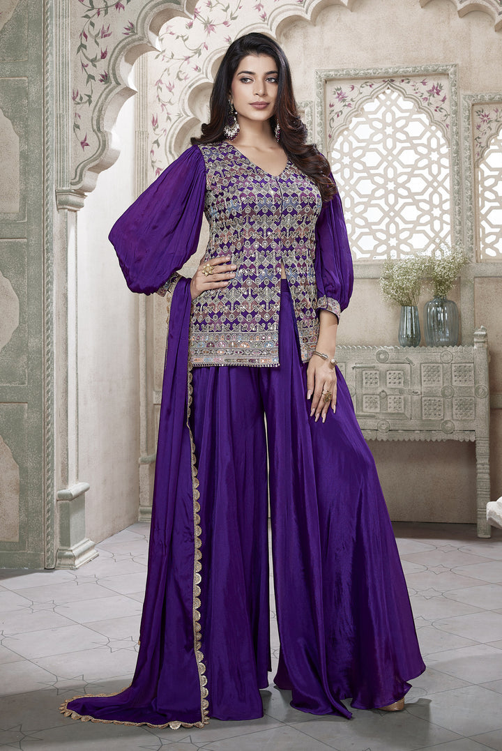 Purple Multicolor Thread, Zari and Sequins work Palazzo Salwar Suit