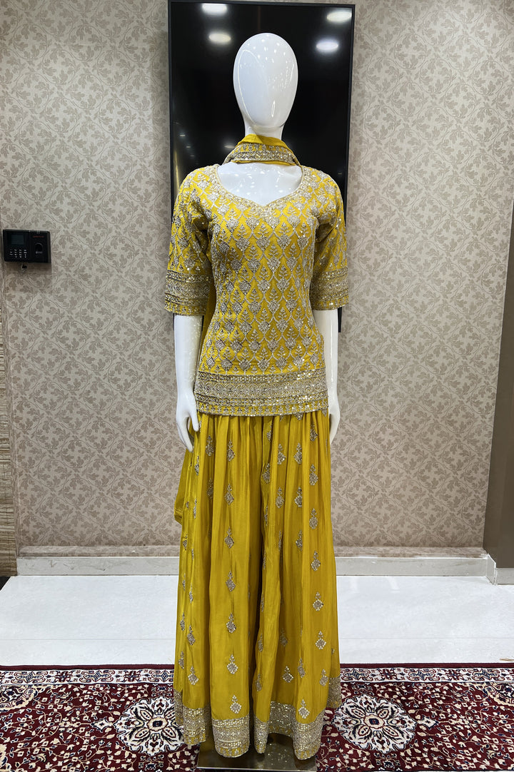 Yellow Silver Zari and Sequins work Palazzo Salwar Suit